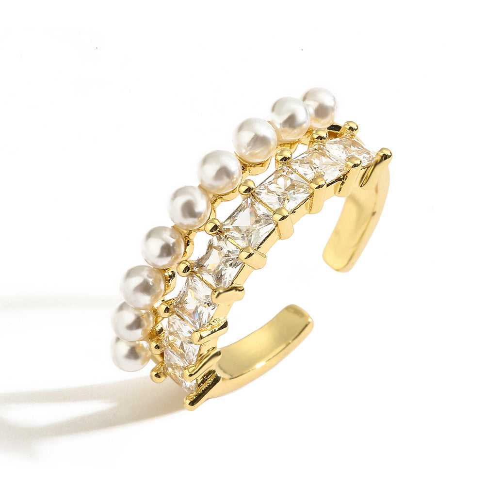 Copper-plated Solid Gold Ring with Zircon, Pearl, and Geometric Open Design