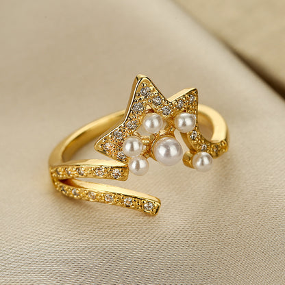 Copper-plated Solid Gold Ring with Zircon, Pearl, and Geometric Open Design