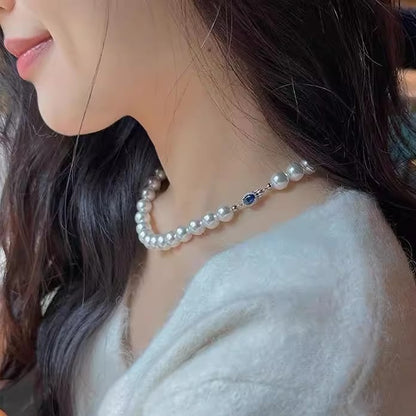 Natural Pearl Mother-of-Pearl Necklace with Silver-Blue Gemstone Clasp