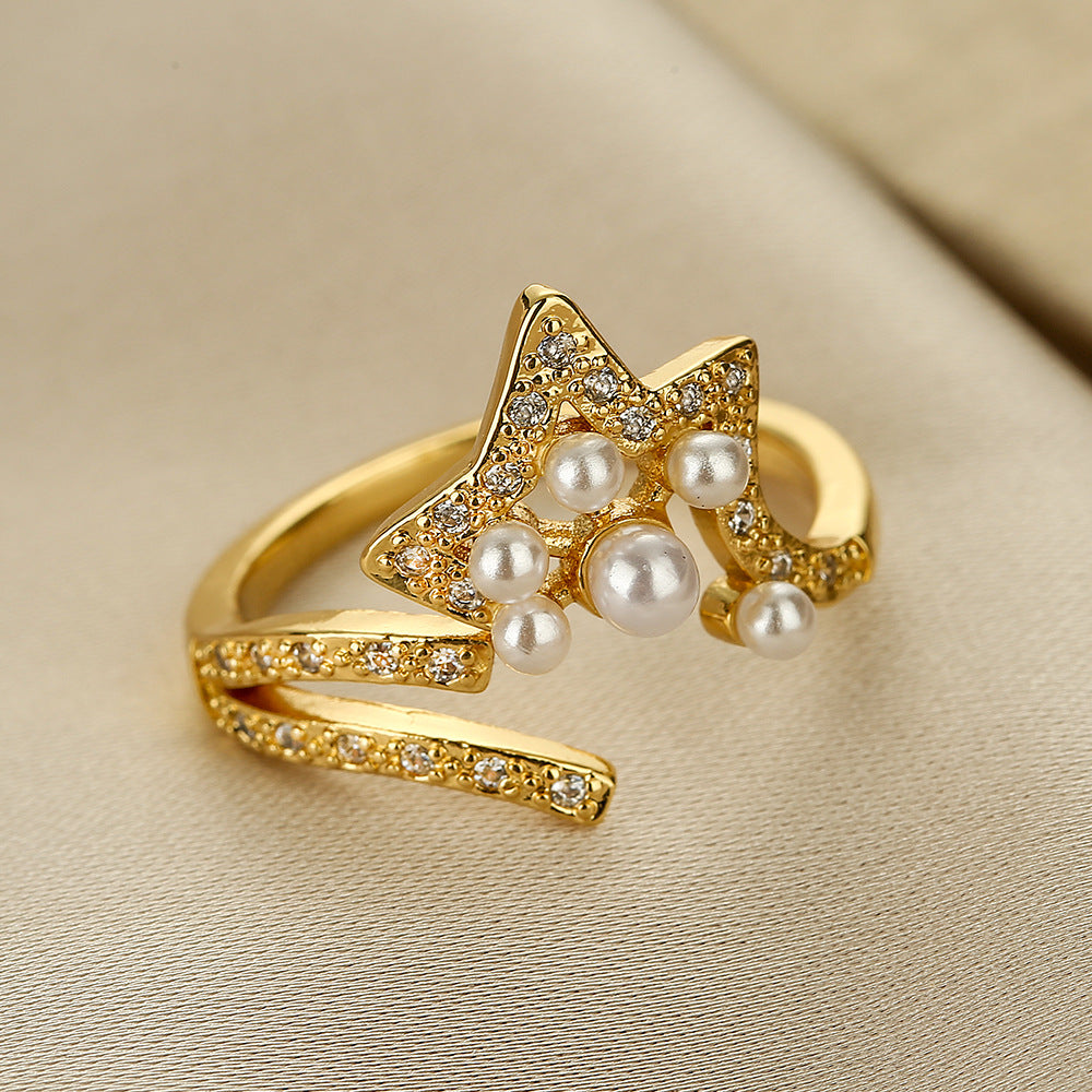 Copper-plated Solid Gold Ring with Zircon, Pearl, and Geometric Open Design