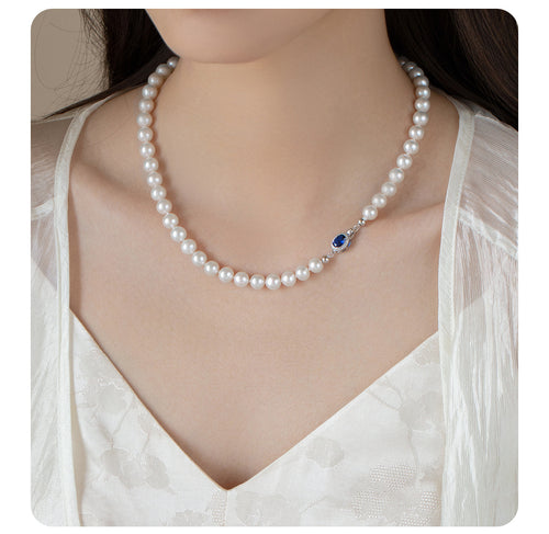 Natural Pearl Mother-of-Pearl Necklace with Silver-Blue Gemstone Clasp