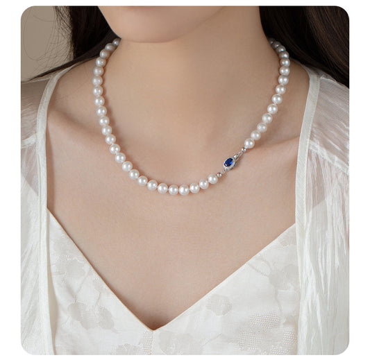 Natural Pearl Mother-of-Pearl Necklace with Silver-Blue Gemstone Clasp