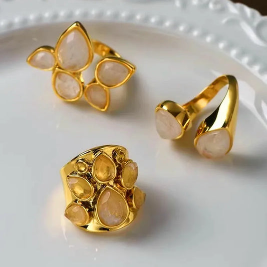 Retro Natural Stone Crystal Ring, Gold Geometric Finger Ring