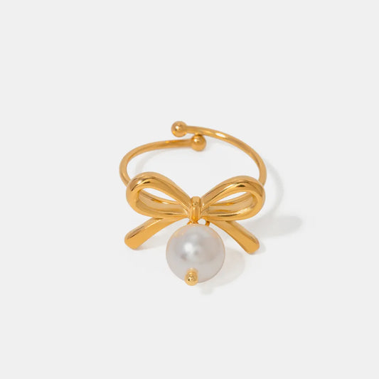 Stainless Steel Pearl Bow Tie Ring, Simple and Elegant