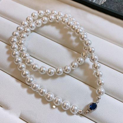 Natural Pearl Mother-of-Pearl Necklace with Silver-Blue Gemstone Clasp