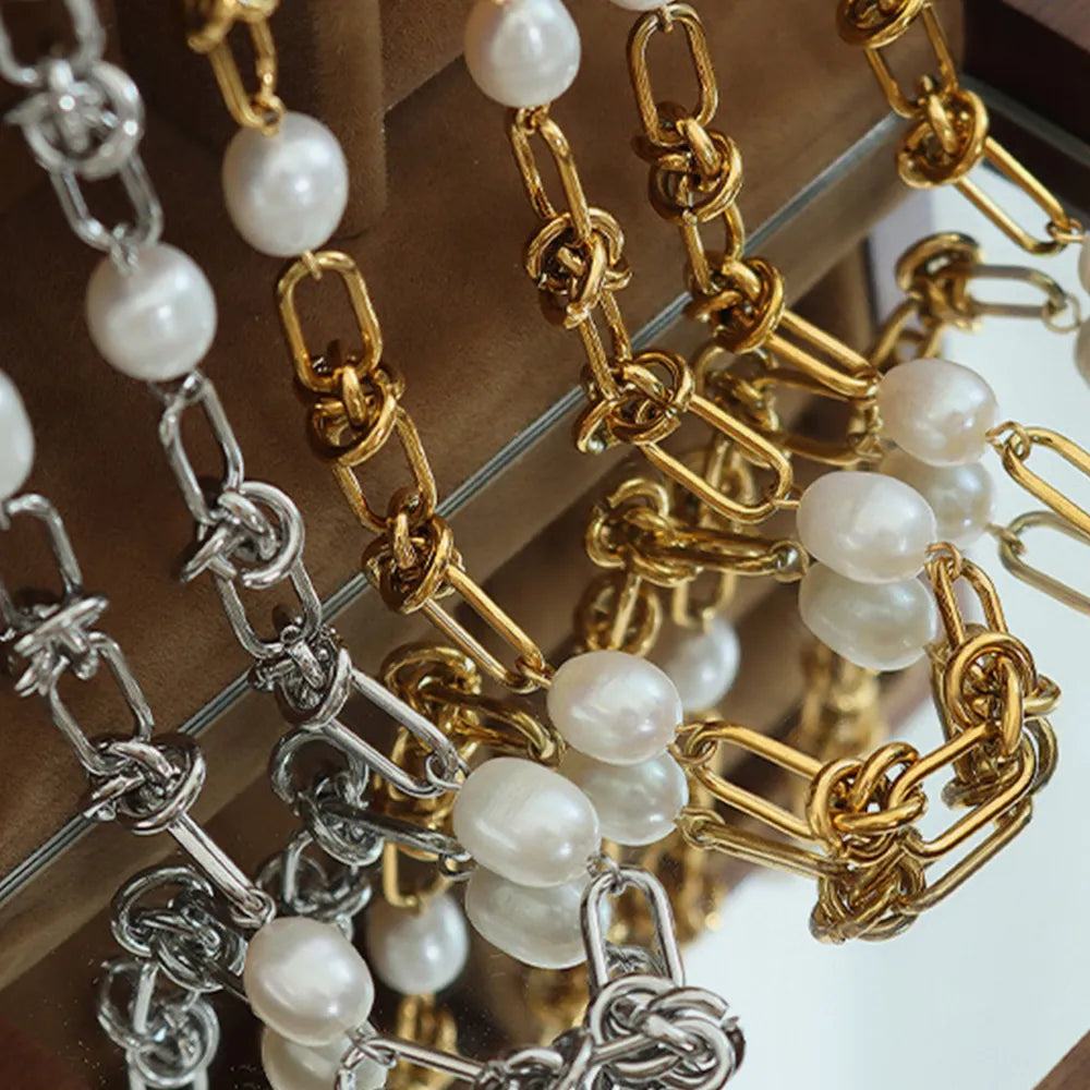 Freshwater Pearl Titanium Steel Bracelet, Retro and Low-Key